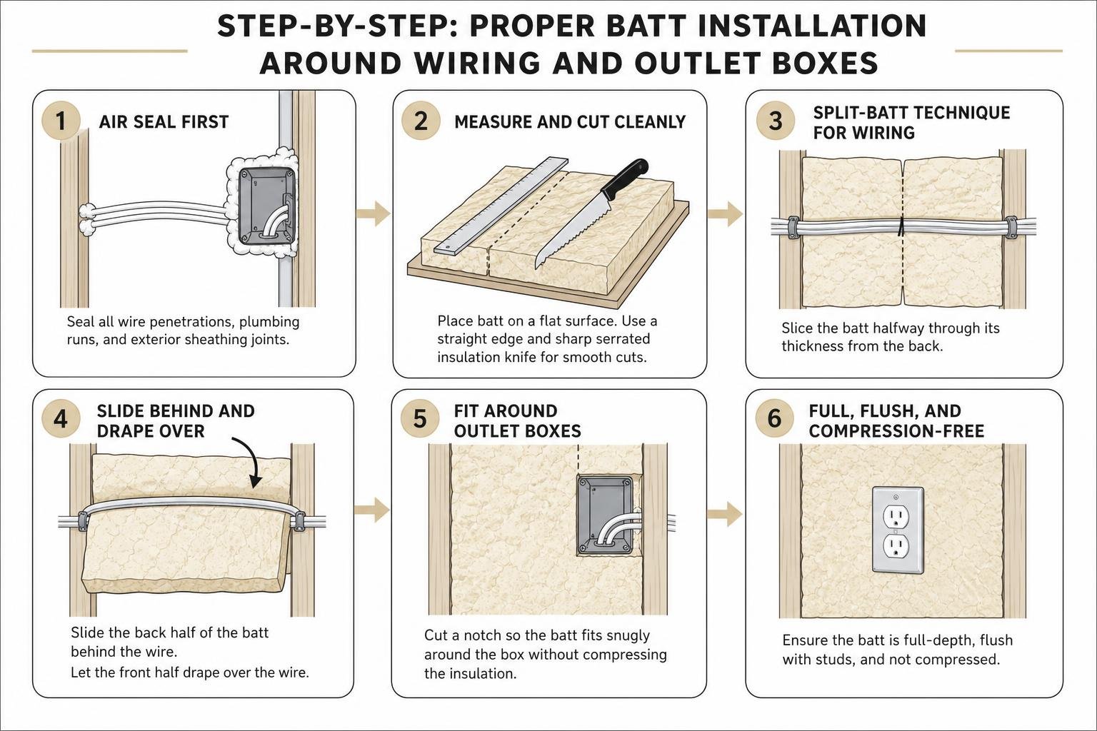 Diagram showing step-by-step proper batt installation around electrical wiring and outlet boxes