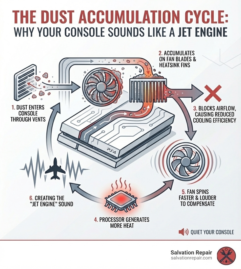 Infographic showing the dust accumulation cycle: dust enters console through vents, accumulates on fan blades and heatsink fins, blocks airflow causing reduced cooling efficiency, processor generates more heat, fan spins faster and louder to compensate, creating the jet engine sound - PS4 loud fan repair infographic 