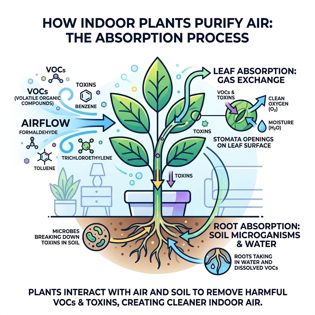 Infographic showing how indoor plants absorb VOCs and toxins through leaves and roots - best indoor plants that purify air