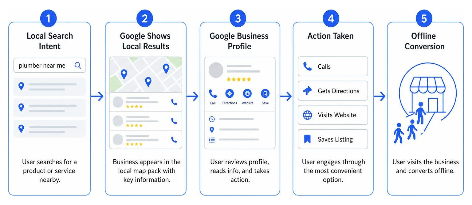 Diagram showing how local search intent connects Google Business Profile to offline conversions