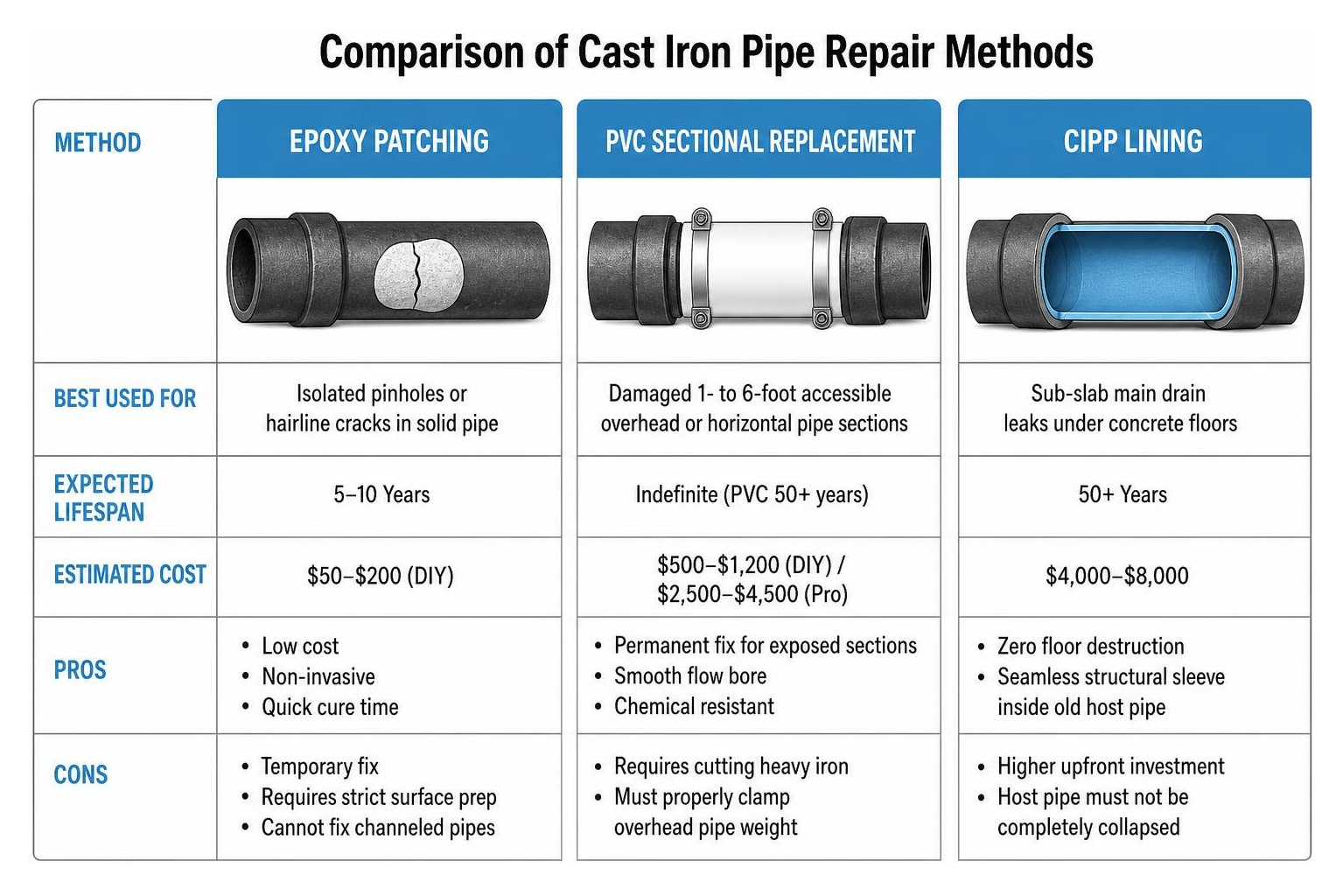 Comparison of cast iron pipe repair methods: epoxy patching, PVC sectional replacement, and CIPP lining Comparison of cast iron pipe repair methods: epoxy patching, PVC sectional replacement, and CIPP lining