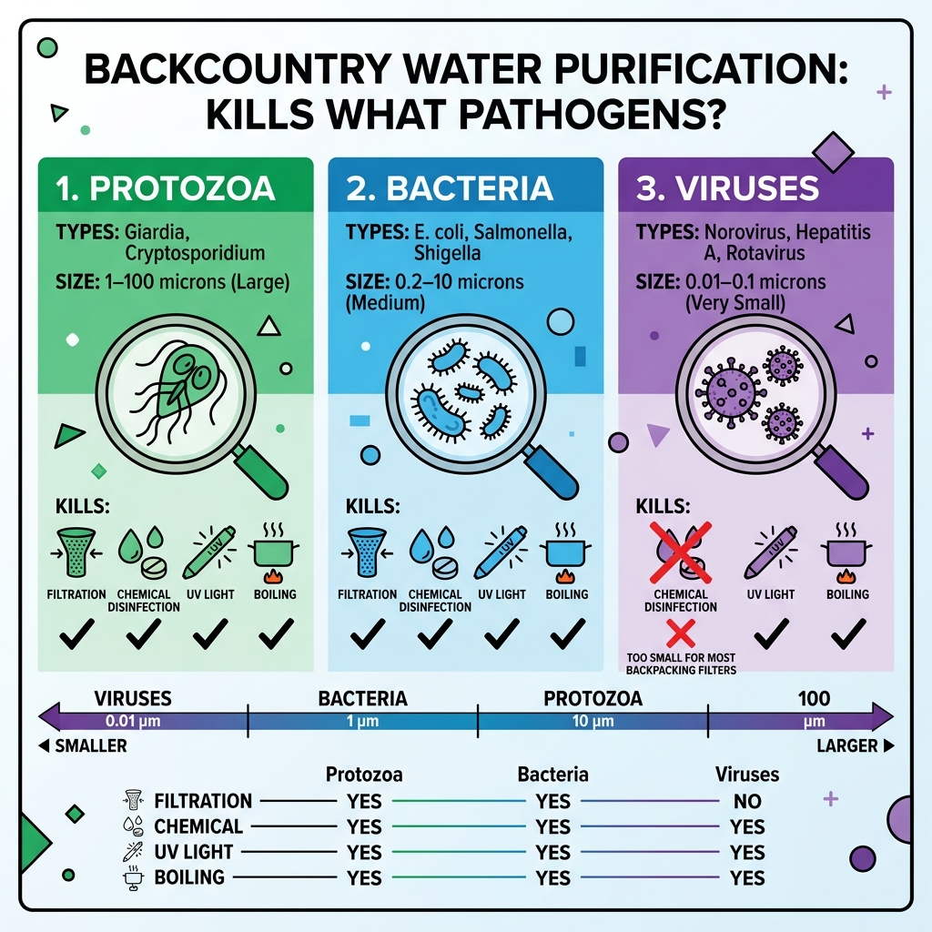 infographic showing waterborne pathogen types (protozoa, bacteria, viruses), their sizes, and which purification methods infographic showing waterborne pathogen types (protozoa, bacteria, viruses), their sizes, and which purification methods