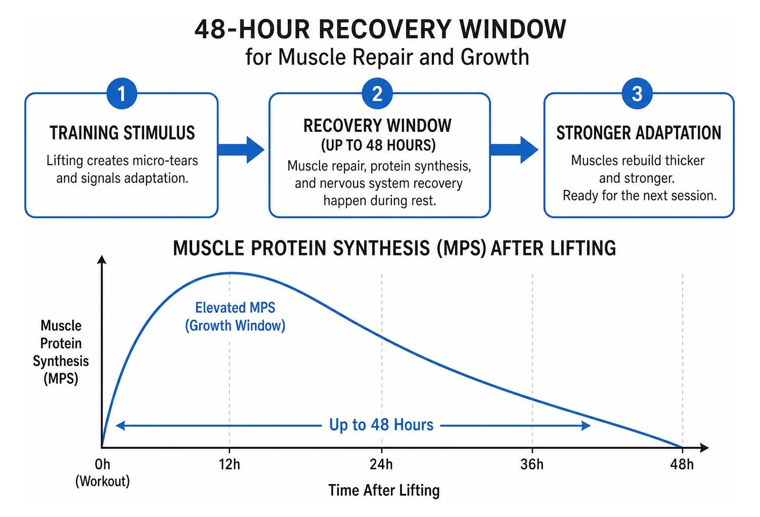 Diagram showing 48-hour recovery window and muscle protein synthesis curve after lifting Diagram showing 48-hour recovery window and muscle protein synthesis curve after lifting