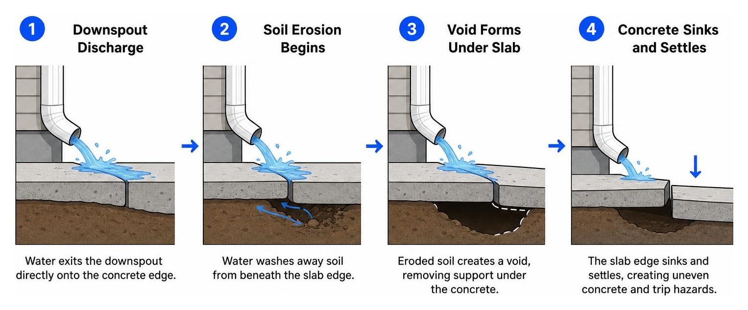 Downspout water discharging directly onto concrete edges causing erosion Downspout water discharging directly onto concrete edges causing erosion