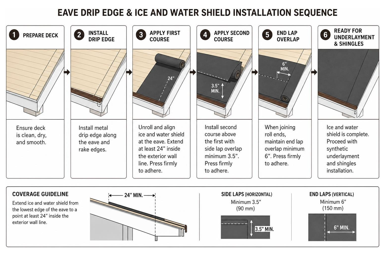Process map illustrating correct eave drip edge and underlayment installation sequence Process map illustrating correct eave drip edge and underlayment installation sequence