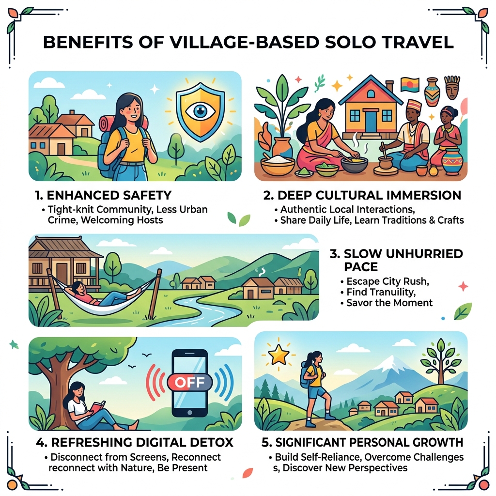 Benefits of village-based solo travel infographic showing safety, cultural immersion, slow pace, digital detox, and personal