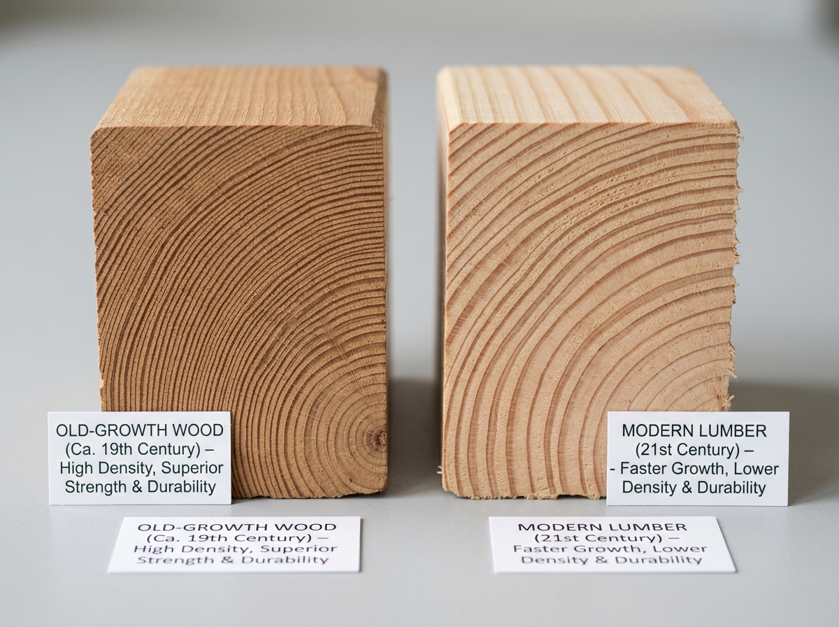 Old-growth wood density comparison showing tight rings vs wide rings in modern lumber - window restoration services Old-growth wood density comparison showing tight rings vs wide rings in modern lumber - window restoration services