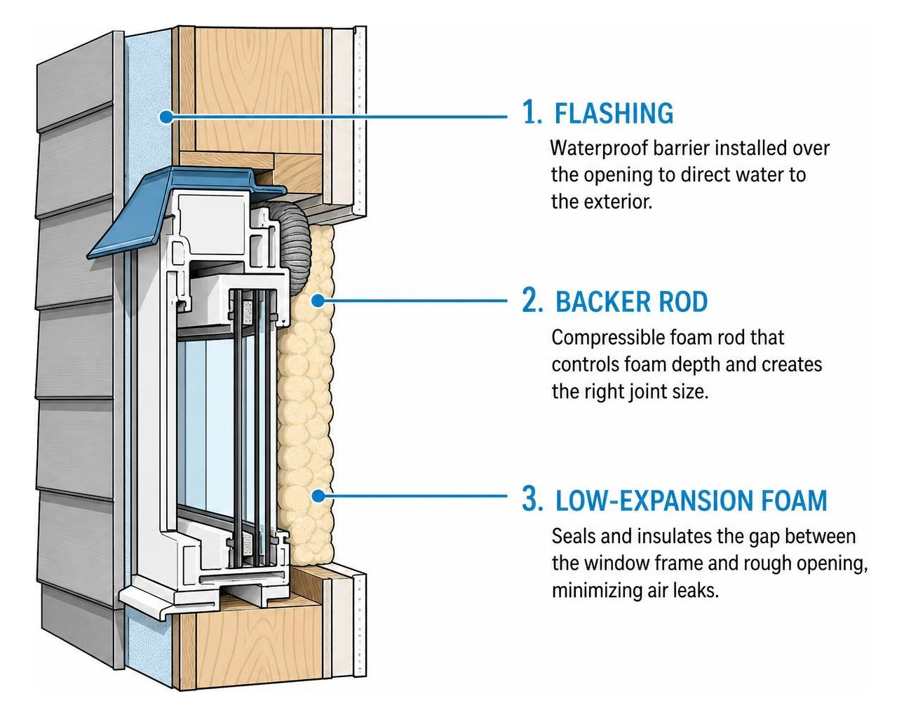 Diagram showing professional window installation layers including flashing, backer rod, and low-expansion foam Diagram showing professional window installation layers including flashing, backer rod, and low-expansion foam