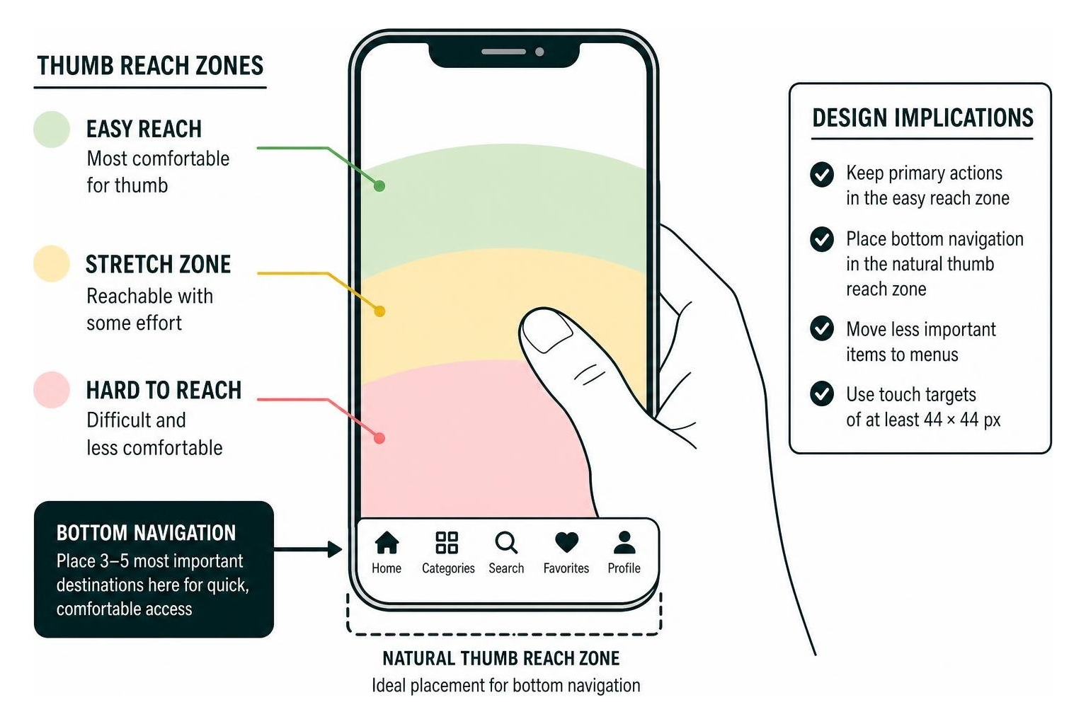 Diagram of mobile screen showing optimal thumb reach zones and bottom navigation placement Diagram of mobile screen showing optimal thumb reach zones and bottom navigation placement