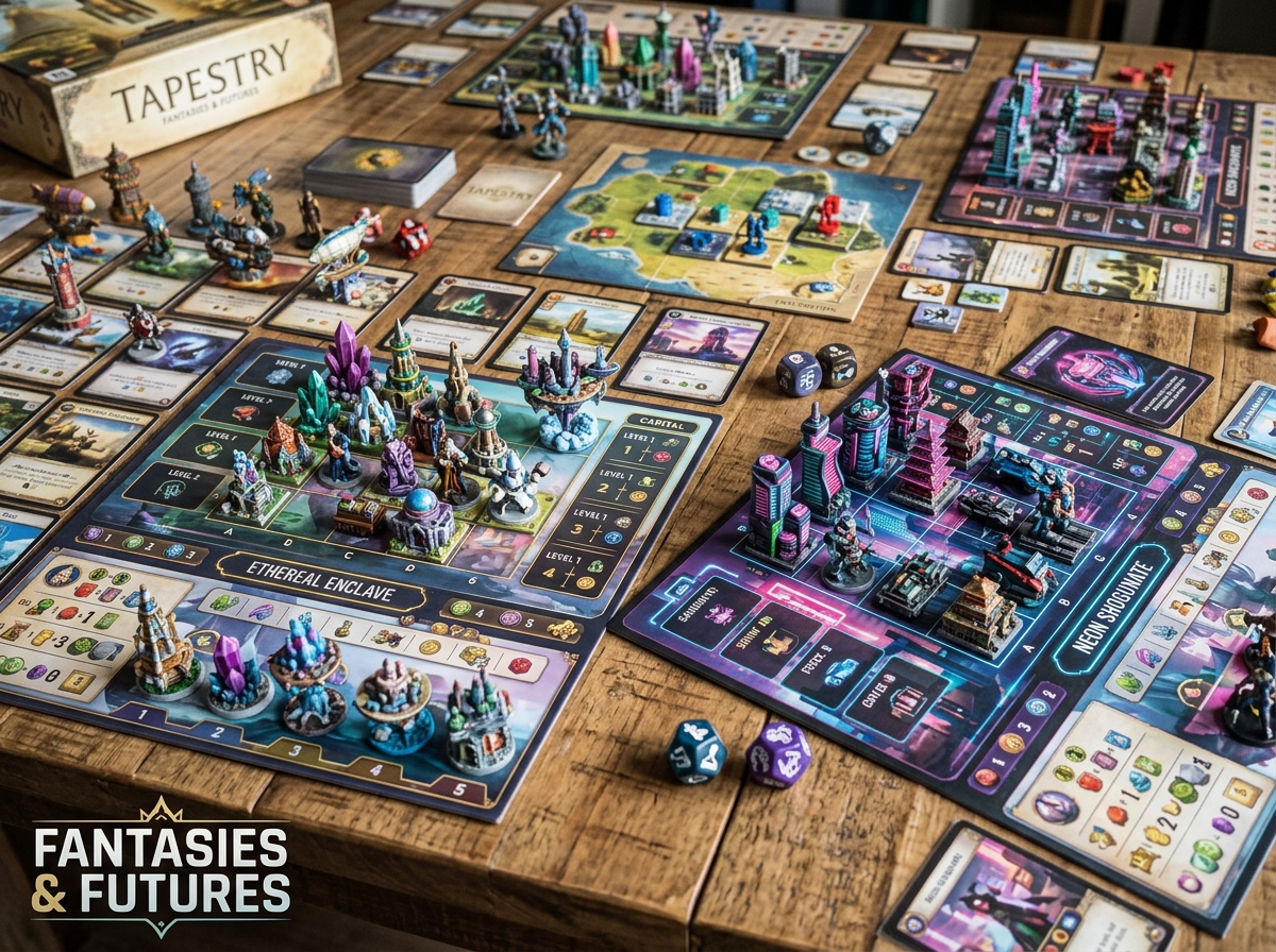 A display of Tapestry civilizations and the new advanced capital mats from the Fantasies & Futures expansion - board game
