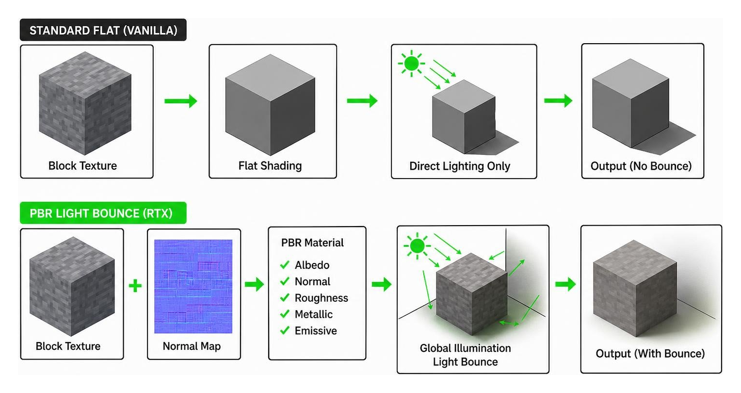 Summary diagram comparing standard flat vanilla block rendering against PBR light bounce handling Summary diagram comparing standard flat vanilla block rendering against PBR light bounce handling