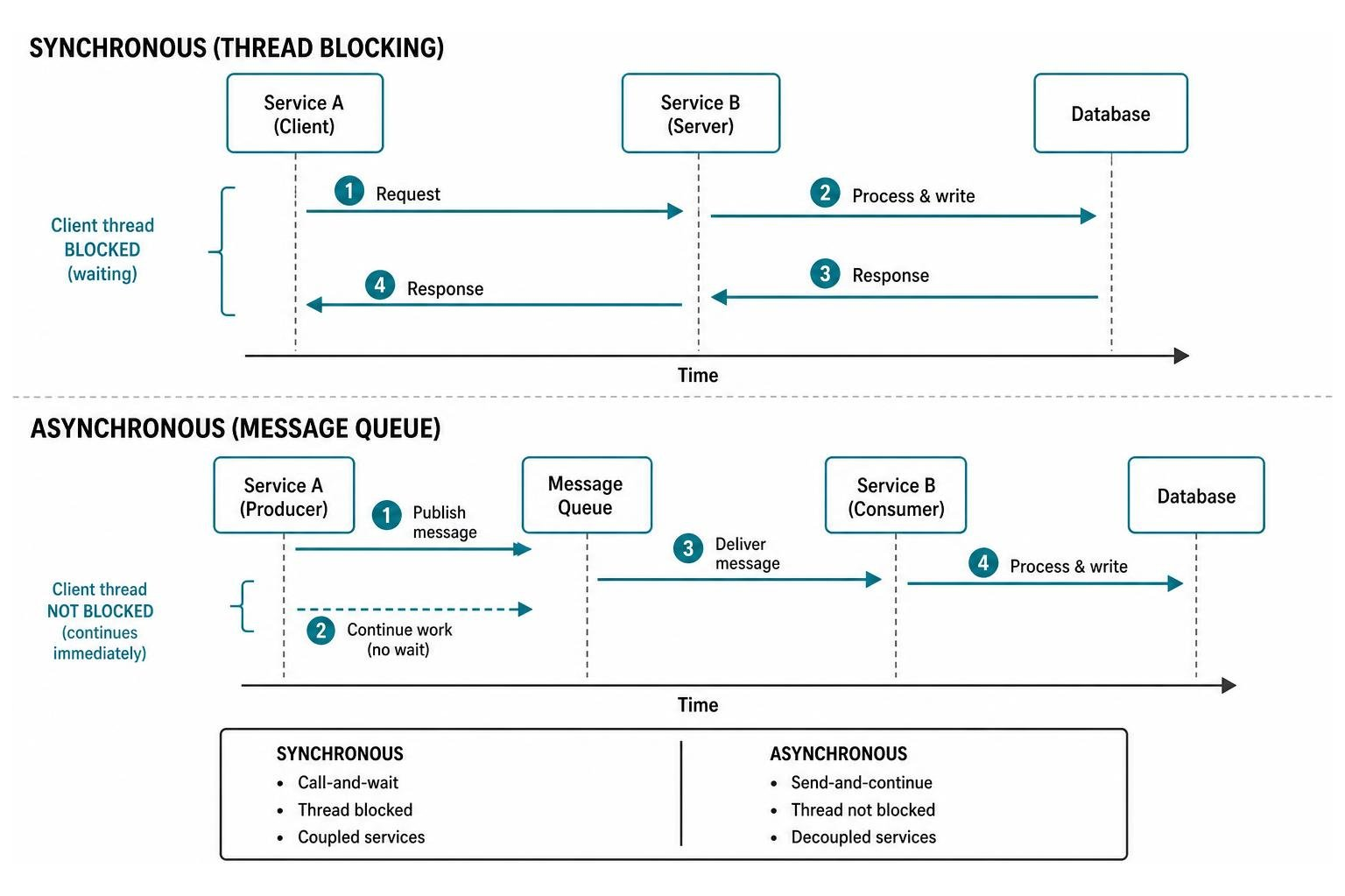 Sequence comparison between synchronous thread blocking and asynchronous message queue processing