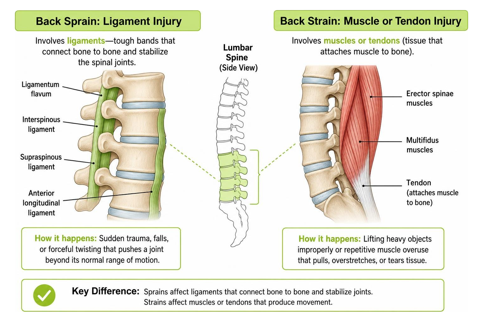 Anatomy comparison showing spinal ligaments versus lumbar muscles and tendons