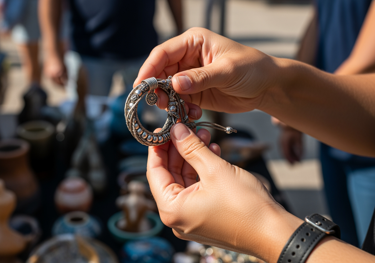 a customer closely examining a handcrafted bracelet at an artisan market - Handcrafted Jewelry
