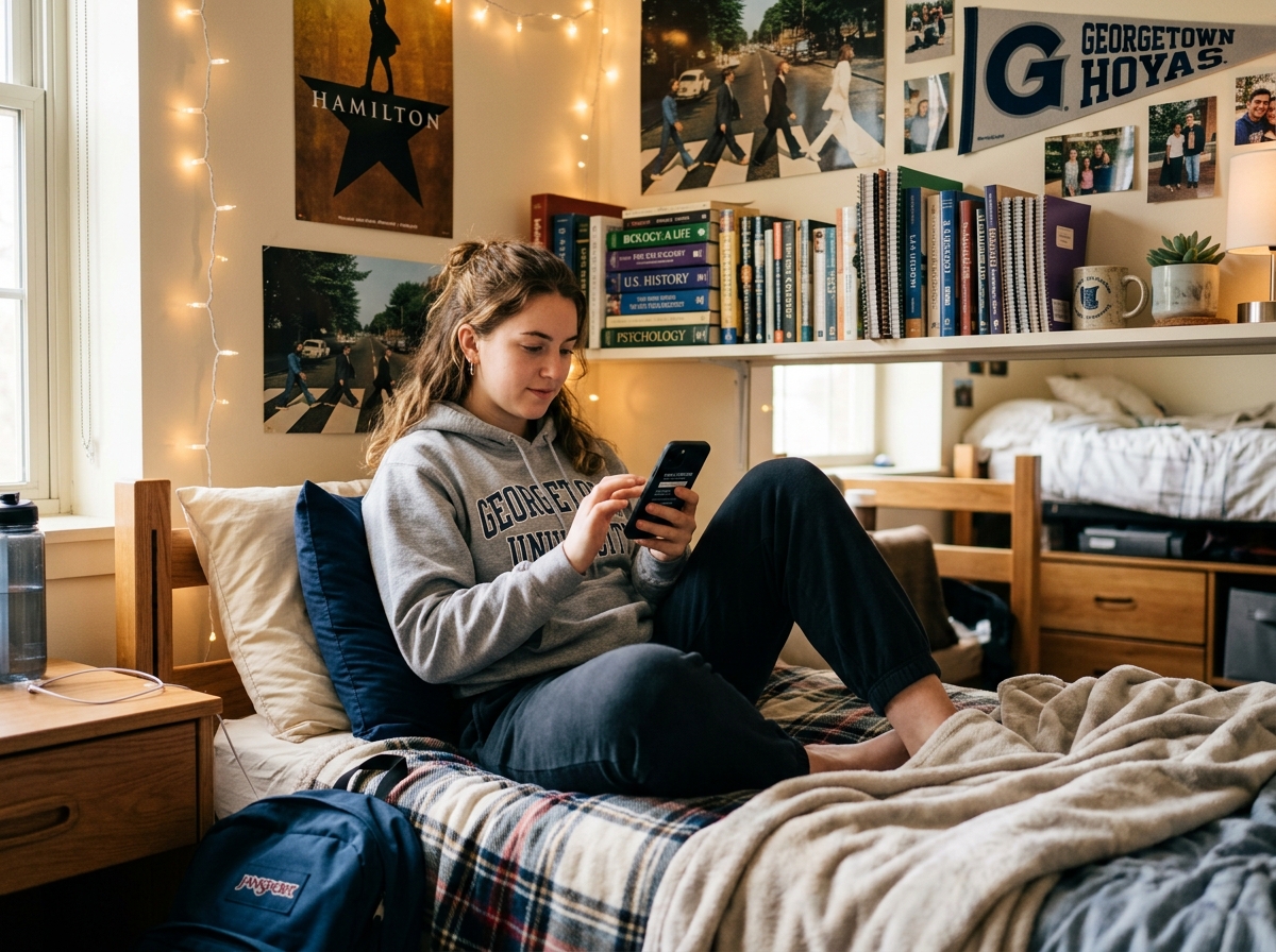 A student sitting on a dorm bed using a smartphone to find a doctor - out of network student coverage A student sitting on a dorm bed using a smartphone to find a doctor - out of network student coverage