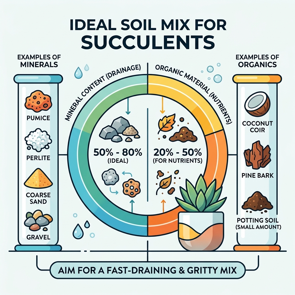 infographic showing ideal mineral-to-organic ratio for succulent soil with examples of ingredients - best soil for infographic showing ideal mineral-to-organic ratio for succulent soil with examples of ingredients - best soil for