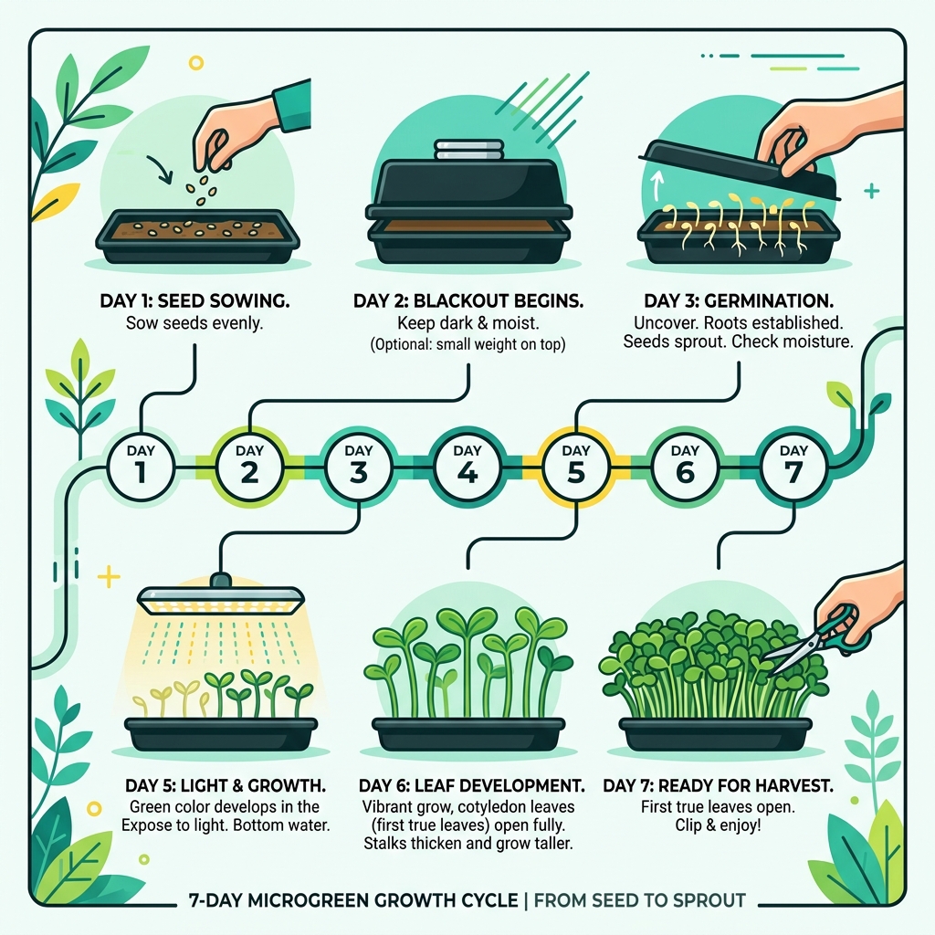 7-day microgreen growth cycle from seed to sprout infographic - indoor microgreens growing guide infographic 