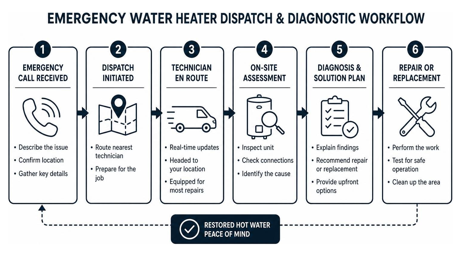 Emergency water heater dispatch and diagnostic workflow