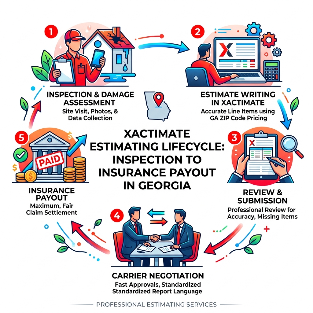 Xactimate estimating lifecycle infographic from inspection to insurance payout in Georgia - Xactimate estimating services