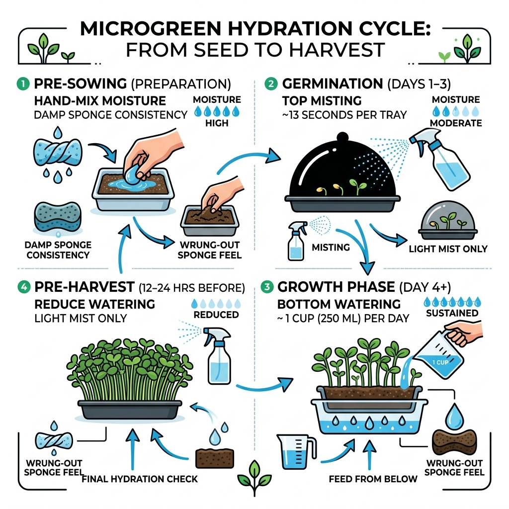 Microgreen hydration cycle infographic from seed to harvest showing moisture levels by stage - microgreens soil hydration Microgreen hydration cycle infographic from seed to harvest showing moisture levels by stage - microgreens soil hydration