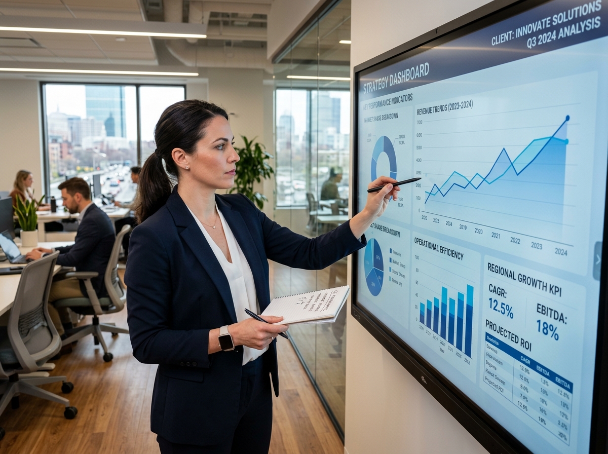 Professional business and management consultant analyzing complex data sets on a digital screen - business and management Professional business and management consultant analyzing complex data sets on a digital screen - business and management
