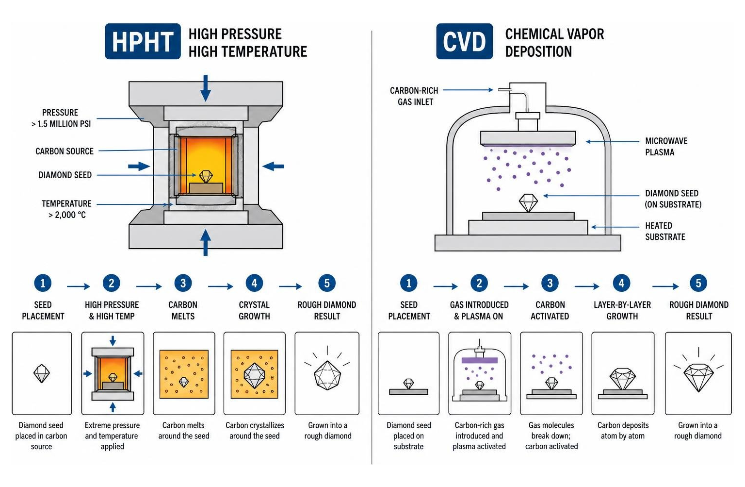 Scientific process diagram of HPHT and CVD diamond growth chambers Scientific process diagram of HPHT and CVD diamond growth chambers