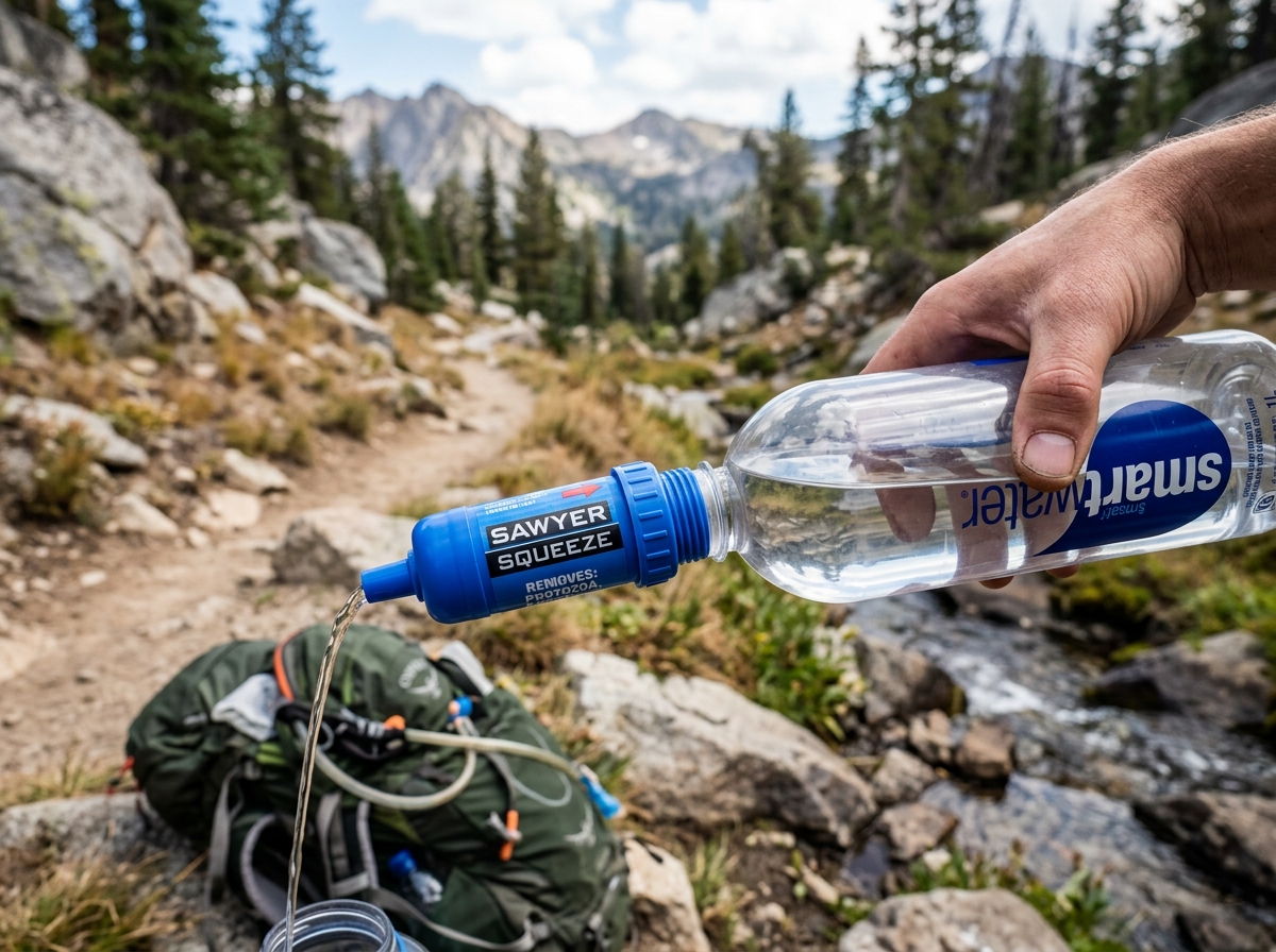 Sawyer Squeeze attached to a standard 28mm Smartwater bottle - thru-hike water filter choice