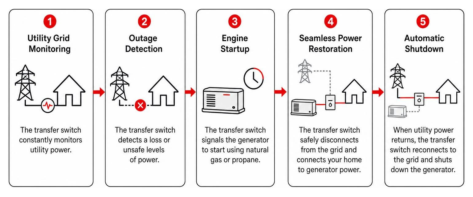step-by-step process of how an automatic standby generator detects an outage and restores power step-by-step process of how an automatic standby generator detects an outage and restores power