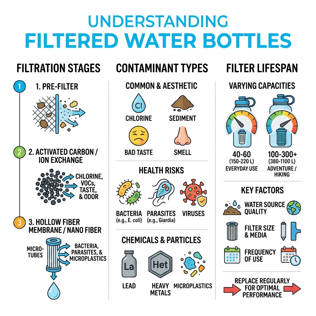 How filtered water bottles work - filtration stages, contaminant types, and filter lifespan infographic - best water bottle