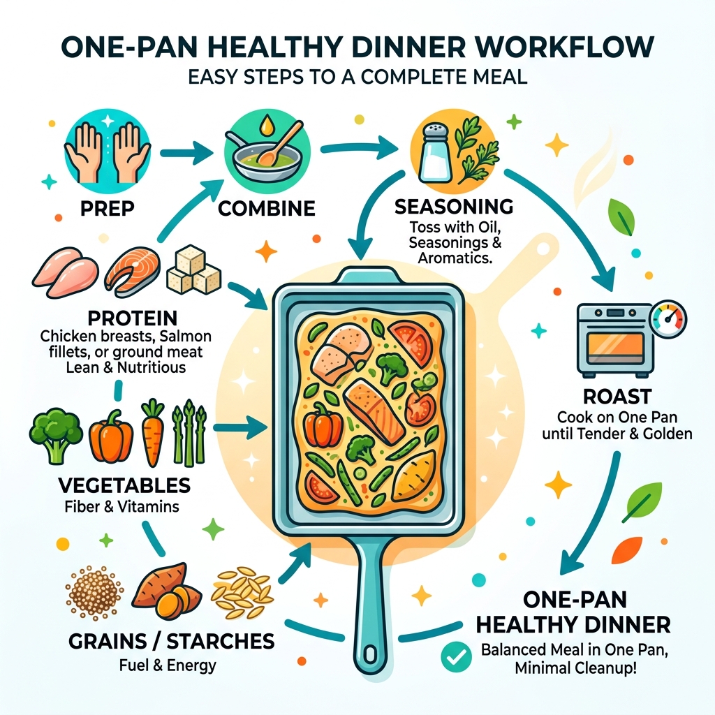 one-pan healthy dinner workflow infographic showing protein, vegetables, and grains combined on a single pan - one pan