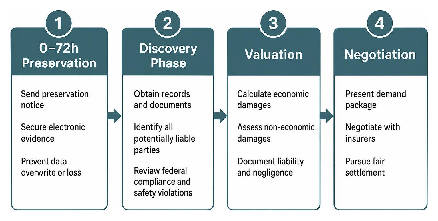 Timeline for commercial truck claim: 0-72h preservation, discovery phase, valuation, negotiation