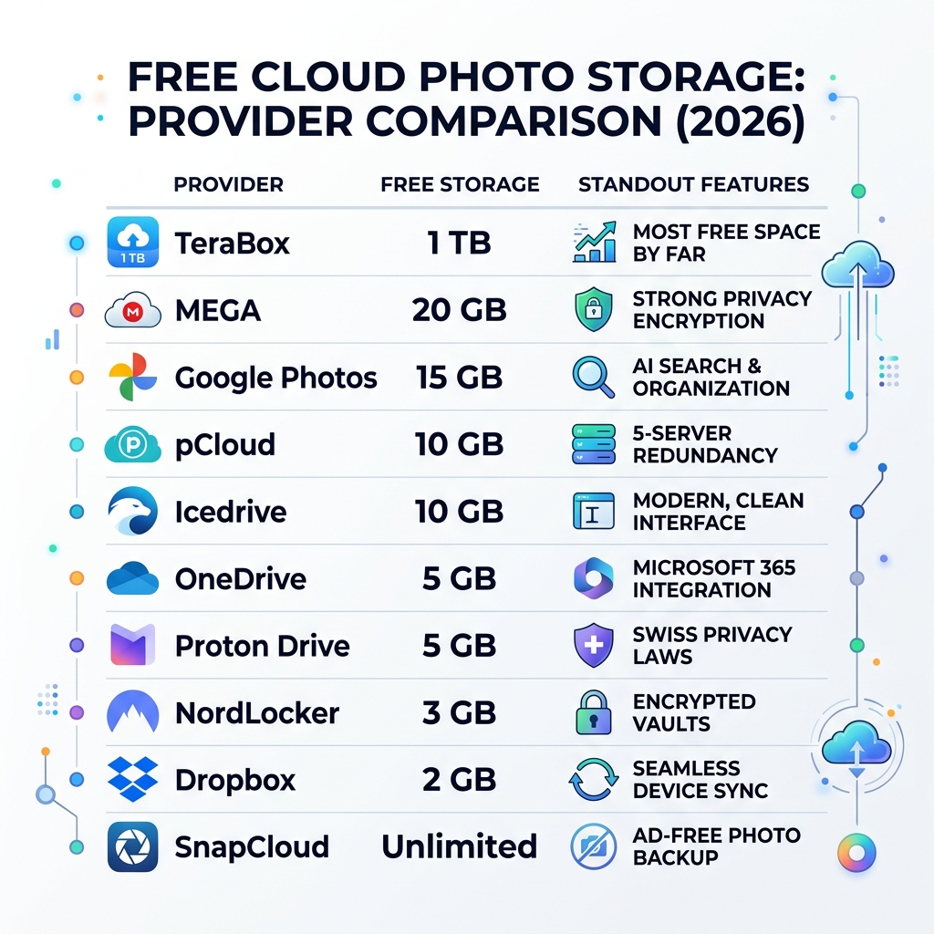 comparison of free cloud photo storage providers by storage capacity and features - free cloud photo storage infographic 