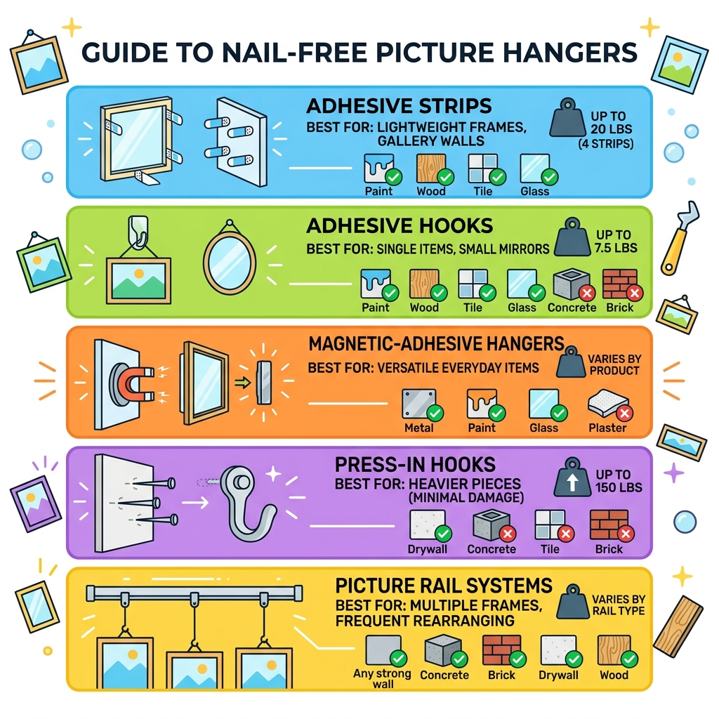 Types of nail-free picture hangers with weight limits and surface compatibility overview - picture hanger without nails