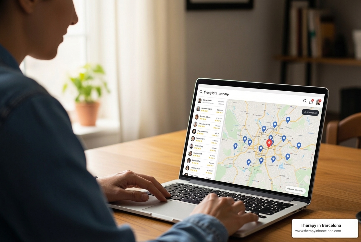Image of a person searching for a therapist on a laptop, with a map in the background - therapist in spanish near me
