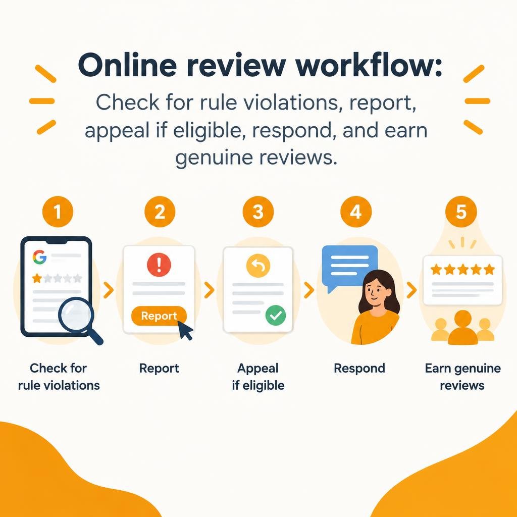 Online review workflow: check for rule violations, report, appeal if eligible, respond, and earn genuine reviews infographic