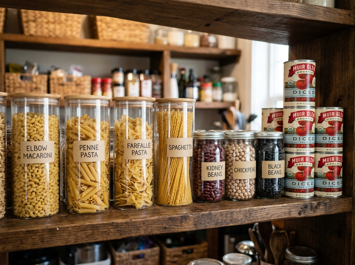 Organized pantry staples showing pasta, beans, and canned tomatoes - quick few ingredient dinners