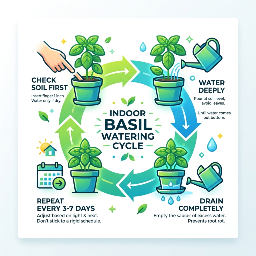 Infographic showing indoor basil watering cycle: check soil, water deeply, drain, repeat every 3-7 days - water basil plant Infographic showing indoor basil watering cycle: check soil, water deeply, drain, repeat every 3-7 days - water basil plant