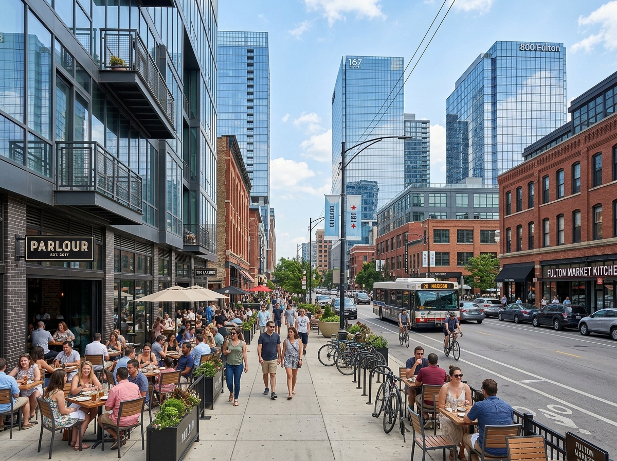 Vibrant West Loop street scene with modern glass buildings and outdoor dining - Chicago corporate rentals Vibrant West Loop street scene with modern glass buildings and outdoor dining - Chicago corporate rentals