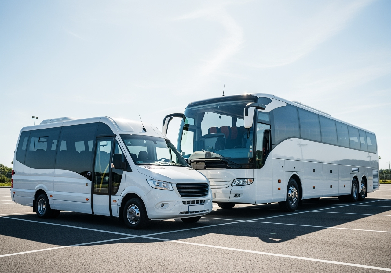 small minibus and large coach side-by-side - cheap group getaways