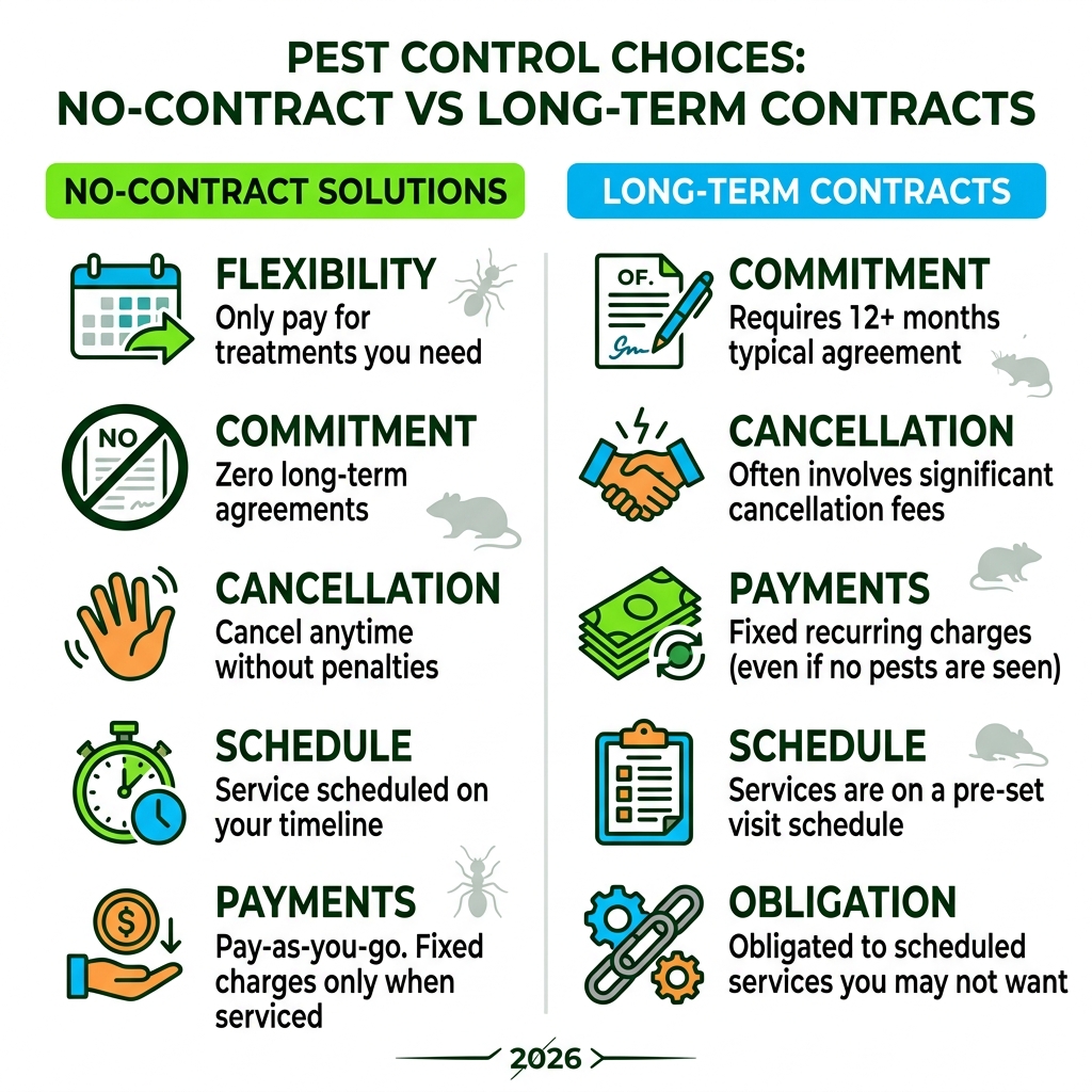 Infographic comparing no-contract vs long-term pest control contracts: key differences and benefits - No contract pest