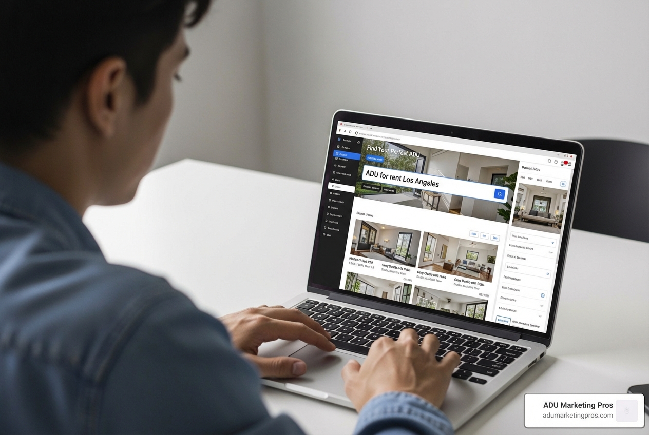 A person sitting at a desk, intently browsing rental listings on a laptop. The laptop screen prominently displays a real estate website with a search bar showing the query "ADU for rent Los Angeles," surrounded by various property listings and filters. The scene suggests a focused and modern approach to property hunting. - adu for rent los angeles