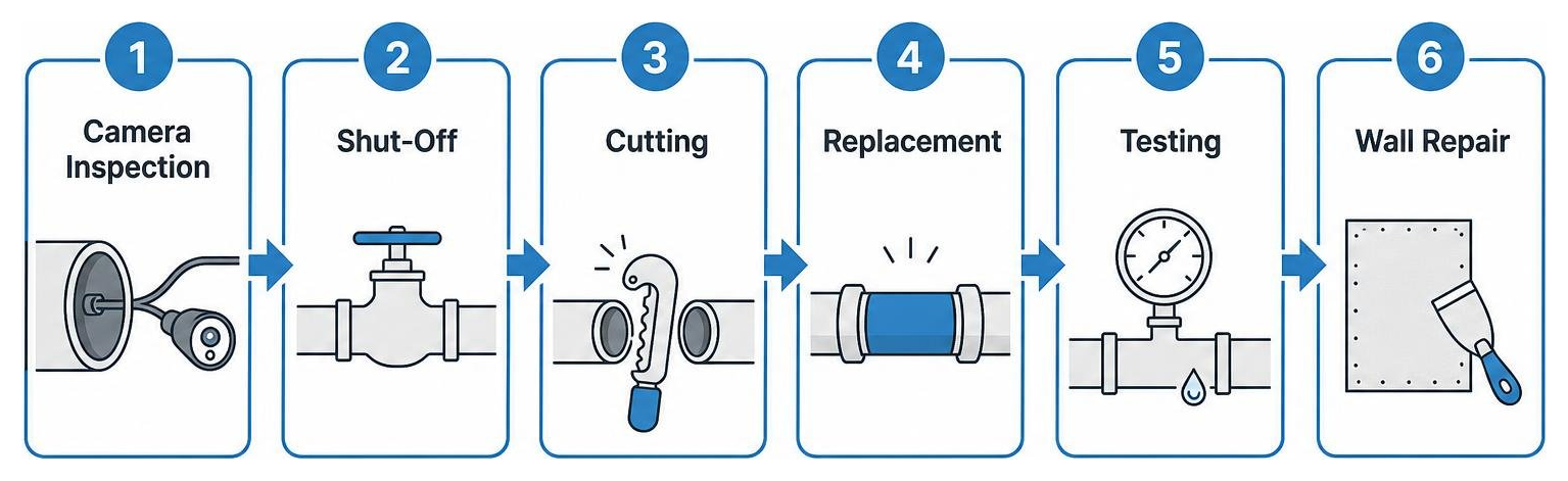 Pipe replacement step-by-step workflow: camera inspection, shut-off, cutting, replacement, testing, and wall repair Pipe replacement step-by-step workflow: camera inspection, shut-off, cutting, replacement, testing, and wall repair