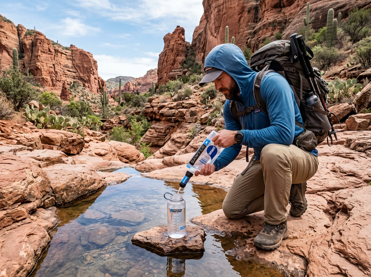 Hiker using a squeeze filter to draw water from a rocky desert pool - best filter for deserts