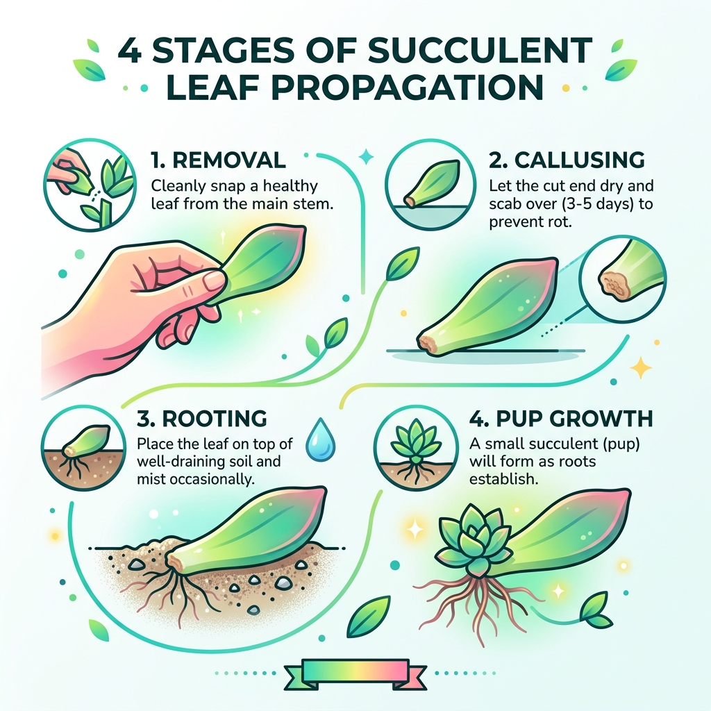 4 stages of succulent leaf propagation: removal, callusing, rooting, and pup growth - replanting succulent leaves