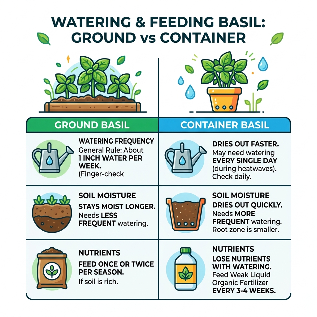 Table comparing watering needs for ground vs container basil plants - looking after basil plants infographic Table comparing watering needs for ground vs container basil plants - looking after basil plants infographic