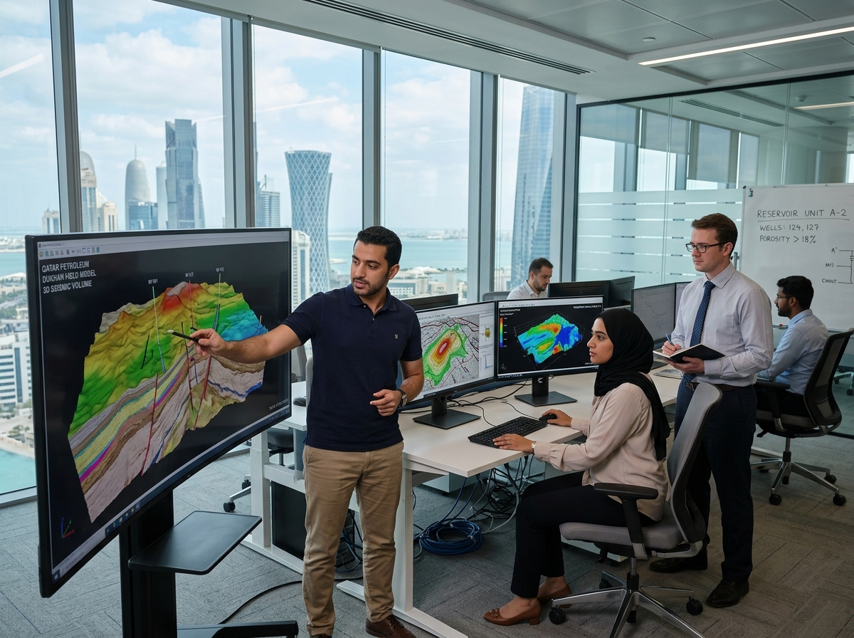 Petroleum engineers analyzing complex reservoir data in a high-tech Doha office - oil and gas vacancies in qatar