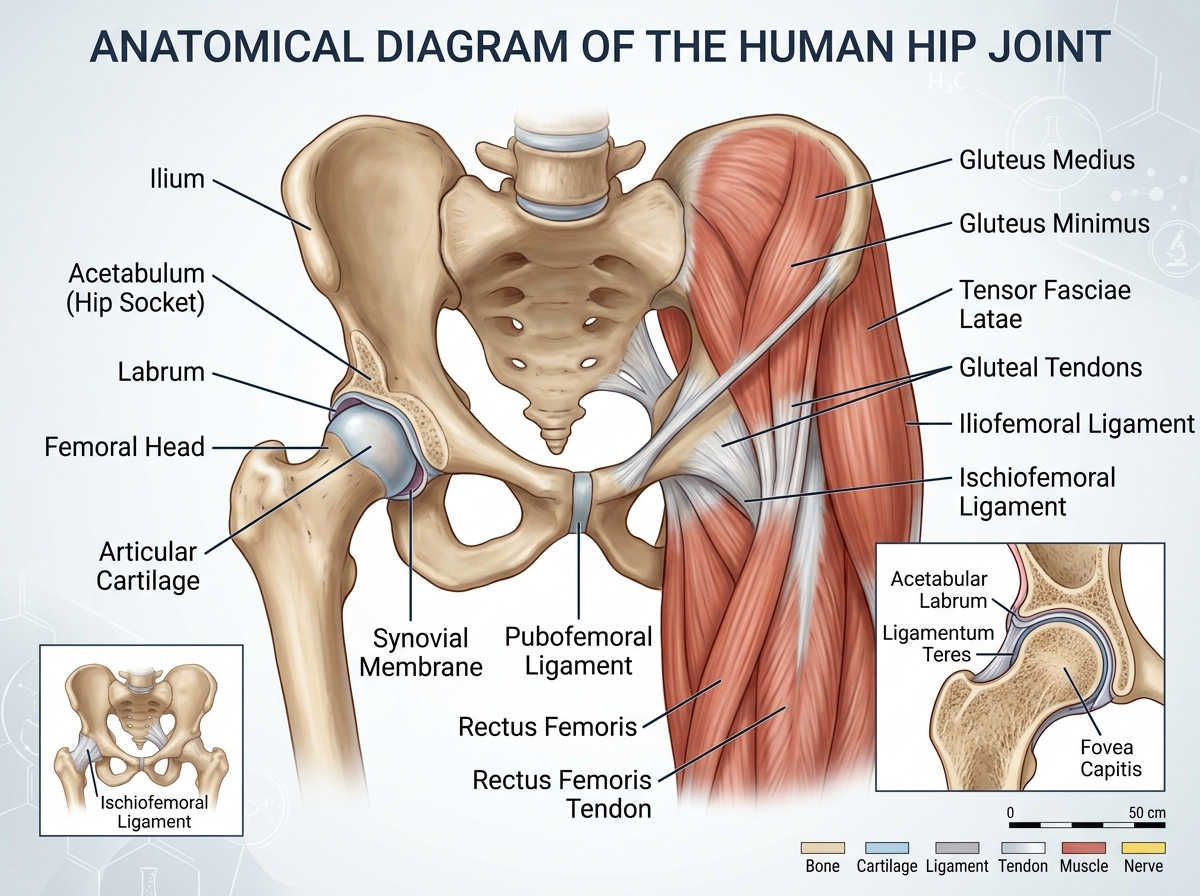 Detailed diagram of hip anatomy showing the joint, labrum, and surrounding muscles - hip pain chiropractor