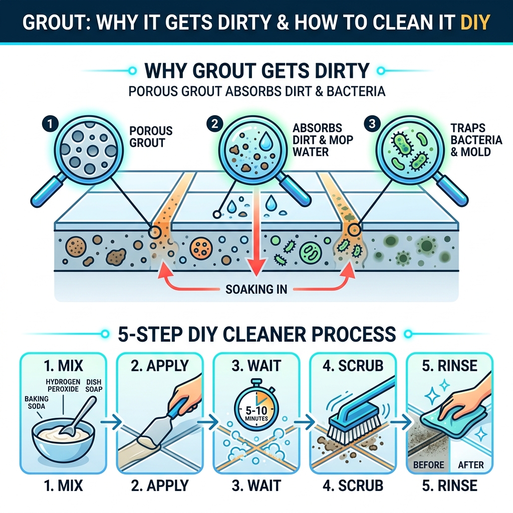 Infographic showing how porous grout absorbs dirt and bacteria, and a 5-step DIY cleaner process - diy floor grout cleaner