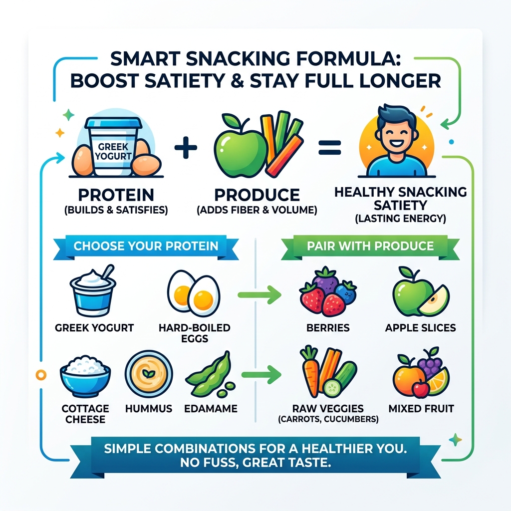 Protein plus produce formula for healthy snacking satiety infographic - easy healthy tasty snacks infographic 