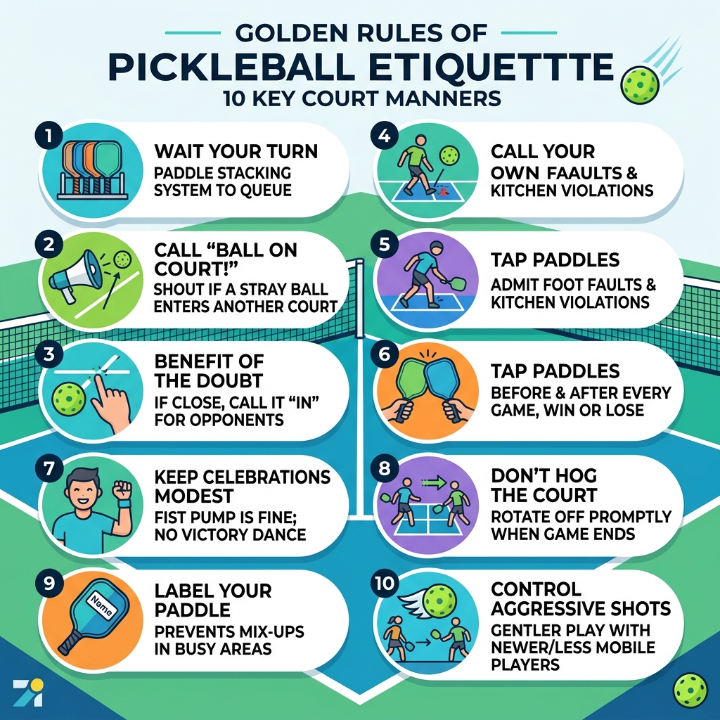 Golden Rules of pickleball etiquette infographic for beginners showing 10 key court manners - pickleball etiquette for Golden Rules of pickleball etiquette infographic for beginners showing 10 key court manners - pickleball etiquette for